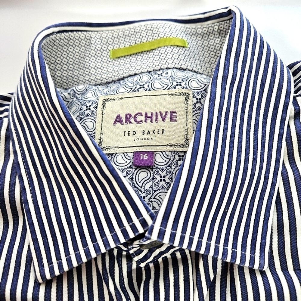 Ted Baker London Archive Men’s Blue White Striped Button Up Shirt 16 French Cuff - Picture 4 of 13